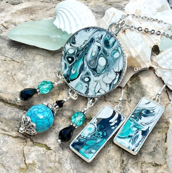 Silver Turquoise Black Fluid Art Necklace Earring Set, Wearable