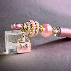 Pink and Gold Beaded Pen with Purse Charm, Fancy Bling Pen, Gift for Purse Collector, Valentine’s Gift for Her