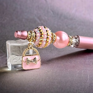 Pink and Gold Beaded Pen with Purse Charm, Fancy Bling Pen, Gift for Purse Collector, Valentine’s Gift for Her