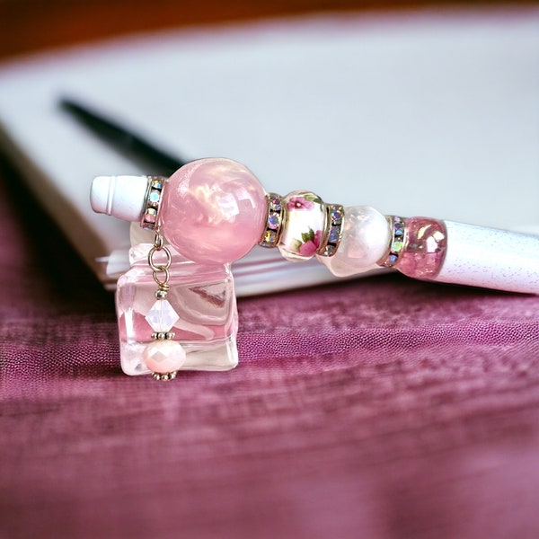 October Birthstone Pen, Pink and Opalescent Beaded Pen, October Birthday  Gift, Wedding Guest Book Pen