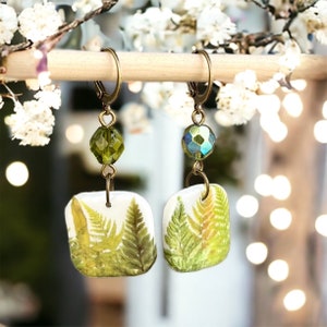 Square Fern Earrings, Clay Drop Nature Earrings, Boho Dangles, Gift for Nature Lover, Botanical Jewelry, Geometric Foliage Antique Bronze image 1