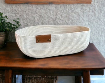 Large Oval Cord Rope Basket, Modern Farmhouse Decor, Minimalist Basket, Rope and Leather Basket for Table Centerpiece