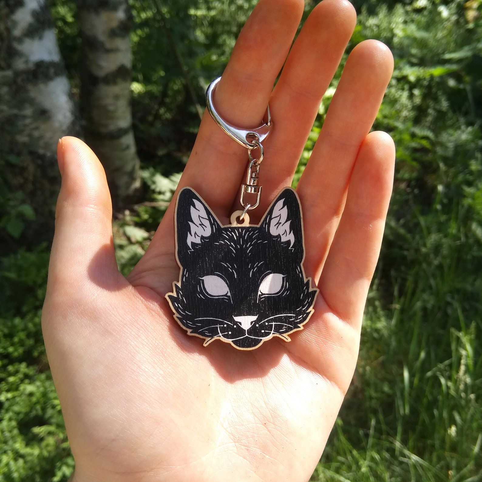 Wooden Cat Keychain / Black Cat Keychain / Black Cat Keyring / Laser ...
