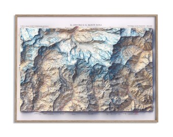 Matterhorn and Mt Rosa Topographic Map of 1928 - 2D Poster Shaded Relief Map, Fine Art Wall Decor, Vintage Gift Print, Geography Travel