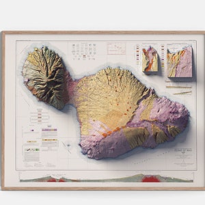 Maui Hawaii, USA Geological Map of 1942 2D Poster Shaded Relief Map, Fine Art Wall Decor, Vintage Gift Print, Geography Travel Art image 1