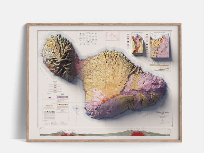 Maui Hawaii, USA Geological Map of 1942 2D Poster Shaded Relief Map, Fine Art Wall Decor, Vintage Gift Print, Geography Travel Art image 1