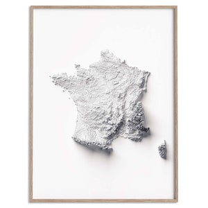 Carte des reliefs de la France (blanc) - affiche 2D, carte en relief ombré, décoration murale beaux-arts, affiche de voyage géographie