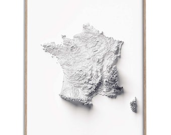 Carte des reliefs de la France (blanc) - affiche 2D, carte en relief ombré, décoration murale beaux-arts, affiche de voyage géographie