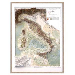 Italy Bathymetric Topographic Map of 1888 - 2D Poster Shaded Relief Map, Fine Art Wall Decor, Vintage Gift Print, Geography Travel Art