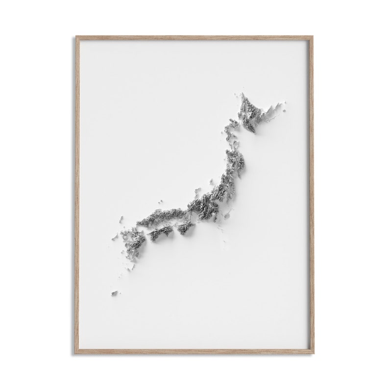 Japan, Elevation tint - White, 2D printed shaded relief of hypsometric map with 3D effect of Japan with monochrome white tint. Vintage maps digitally restored and enhanced with a 3D effect.