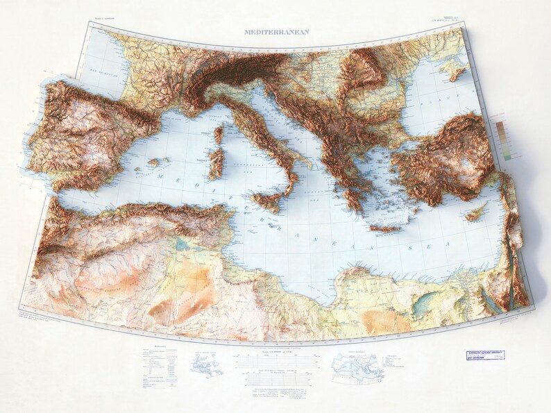 Mediterranean Sea, Topographic map - 1937, 2D printed shaded relief map with 3D effect of a 1937 topographic map of Mediterranean Sea.  Vintage maps digitally restored and enhanced with a 3D effect.