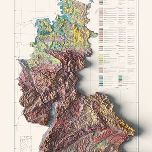 West Germany, Soil map - 1963, 2D printed shaded relief map with 3D effect of a 1963 soil map of West Germany. Shop our beautiful fine art printed maps on supreme Cotton paper. Vintage maps digitally restored and enhanced with a 3D effect.