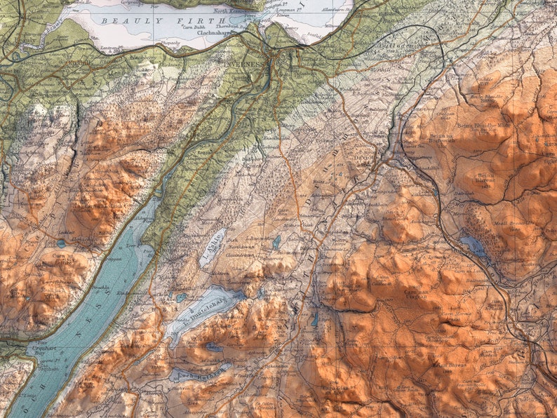 Inverness (Scotland, UK), Topographic map - 1912, 2D printed shaded relief map with 3D effect of a 1912 topographic map of Inverness (Scotland, UK). Vintage maps digitally restored and enhanced with a 3D effect.
