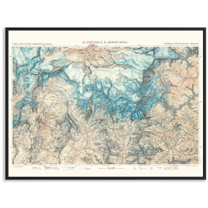 Matterhorn and Mt Rosa, Topographic map 1928 Vintage map reprint, wall decor map, travel poster image 1