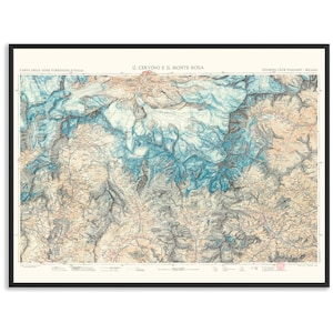Matterhorn y Mt Rosa, mapa topográfico 1928 - Póster reimpreso vintage, arte de decoración de pared, regalo de geografía de viaje