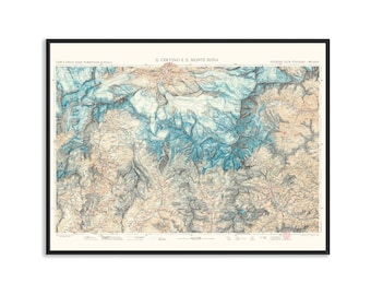 Matterhorn and Mt Rosa, Topographic map 1928 - Vintage map reprint, wall decor map, travel poster