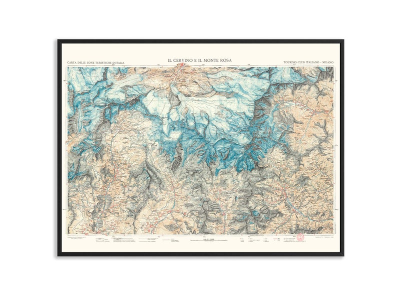 Matterhorn and Mt Rosa, Topographic map 1928 Vintage map reprint, wall decor map, travel poster image 1