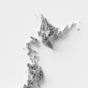 Japan, Elevation tint - White, 2D printed shaded relief of hypsometric map with 3D effect of Japan with monochrome white tint. Vintage maps digitally restored and enhanced with a 3D effect.