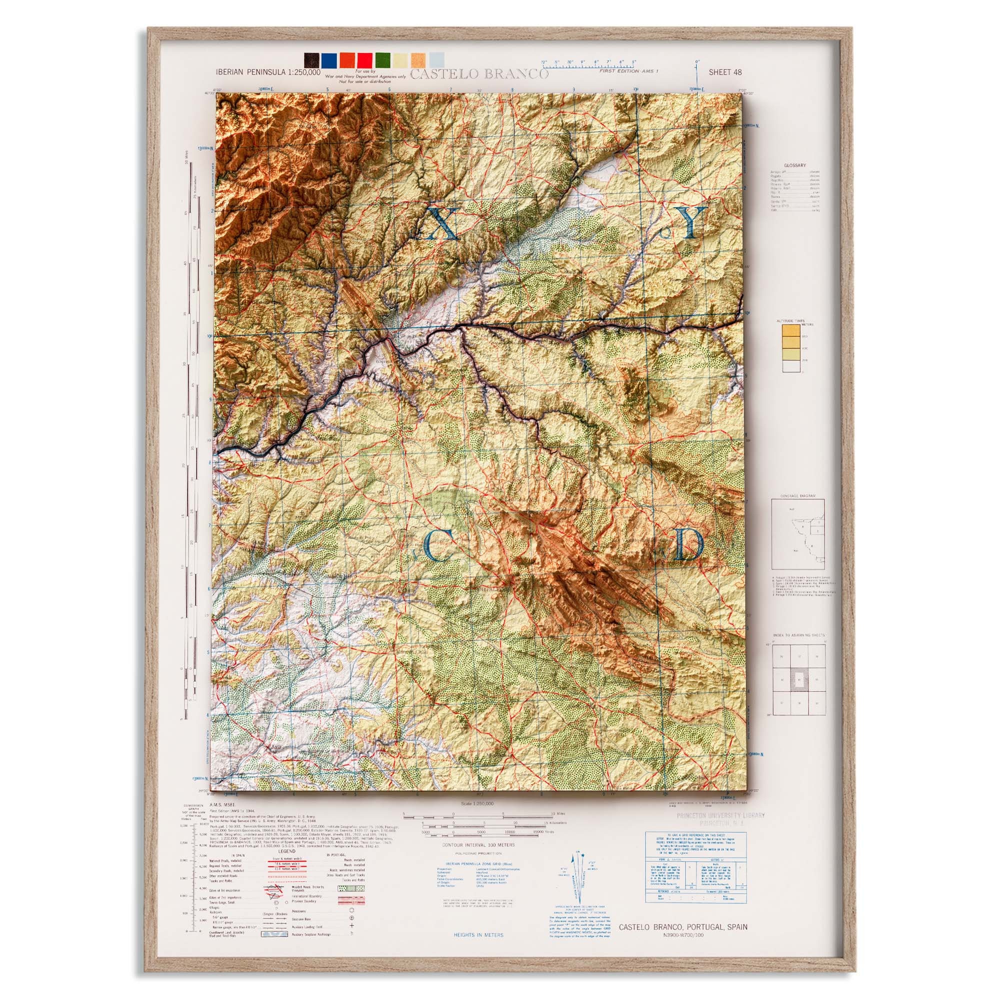 Castelo Branco (Portugal) Topographic Map of 1944 - 2D Poster Shaded Relief Map, Fine Art Wall Decor, Vintage Gift Print, Geography Travel