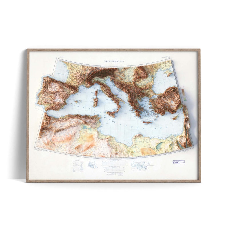 Mediterranean Sea, Topographic map - 1937, 2D printed shaded relief map with 3D effect of a 1937 topographic map of Mediterranean Sea.  Vintage maps digitally restored and enhanced with a 3D effect.