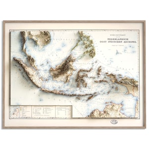 Topografische kaart Indonesië van 1901 - 2D-poster gearceerde reliëfkaart, Fine Art Wall Decor, vintage cadeau print, geografie reizen kunst