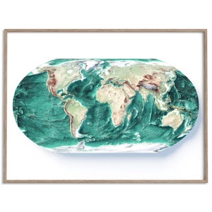 World Bathymetric Elevation Map (Geo) - 2D Poster Shaded Relief Map, Fine Art Wall Decor, Modern Gift Print, Geography Travel Art