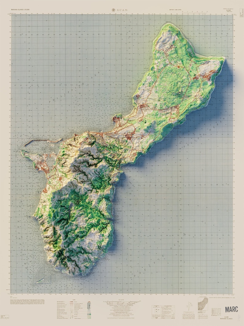 Guam Mariana Islands USA Topographic map 1965 Shaded Etsy
