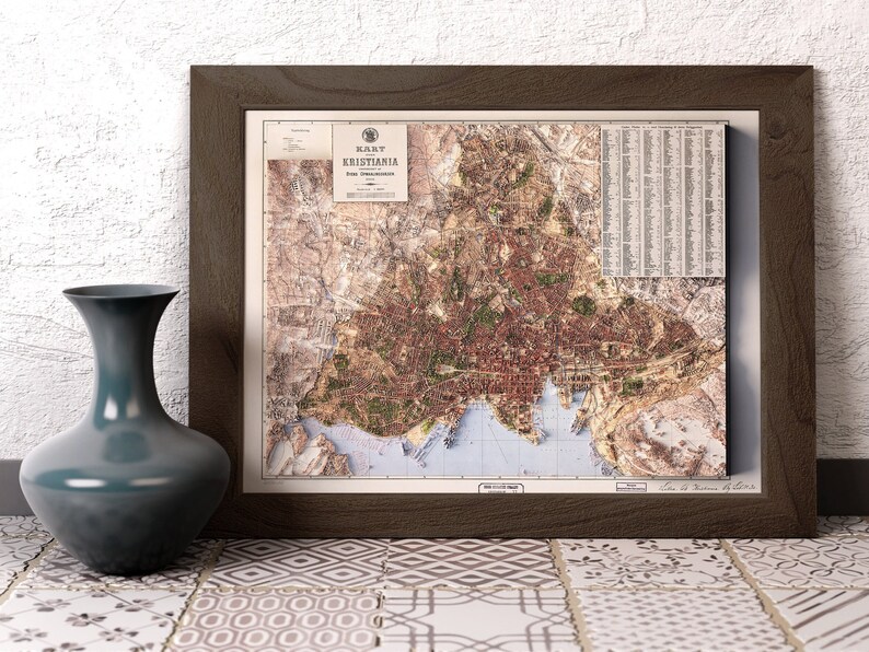 Oslo Norway City Map of 1901 2D Poster Shaded Relief Map, Fine Art Wall Decor, Vintage Gift Print, Geography Travel Art image 3