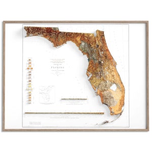 Florida (USA) Geologische Karte von 1929 - 2D Poster Relief, Karte mit Schatten, Vintage Geschenk Druck, Geographie Reise Kunst