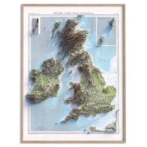 Carte topographique des îles britanniques et irlandaises de 1920 - carte en relief ombragé affiche 2D, décoration murale beaux-arts, impression cadeau vintage, art de voyage géographie
