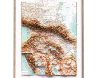 Caucasus Topographic Map of 1909 - 2D Poster Shaded Relief Map, Fine Art Wall Decor, Vintage Gift Print, Geography Travel Art