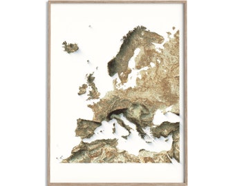 Europe - Elevation Map (Geo) - 2D Poster Shaded Relief Map, Fine Art Wall Decor, Travel Poster