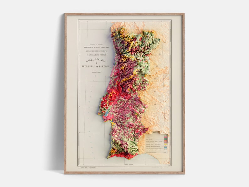 Portugal Soil Map of 1958 2D Poster Shaded Relief Map, Fine Art Wall Decor, Vintage Gift Print, Geography Travel Art image 1