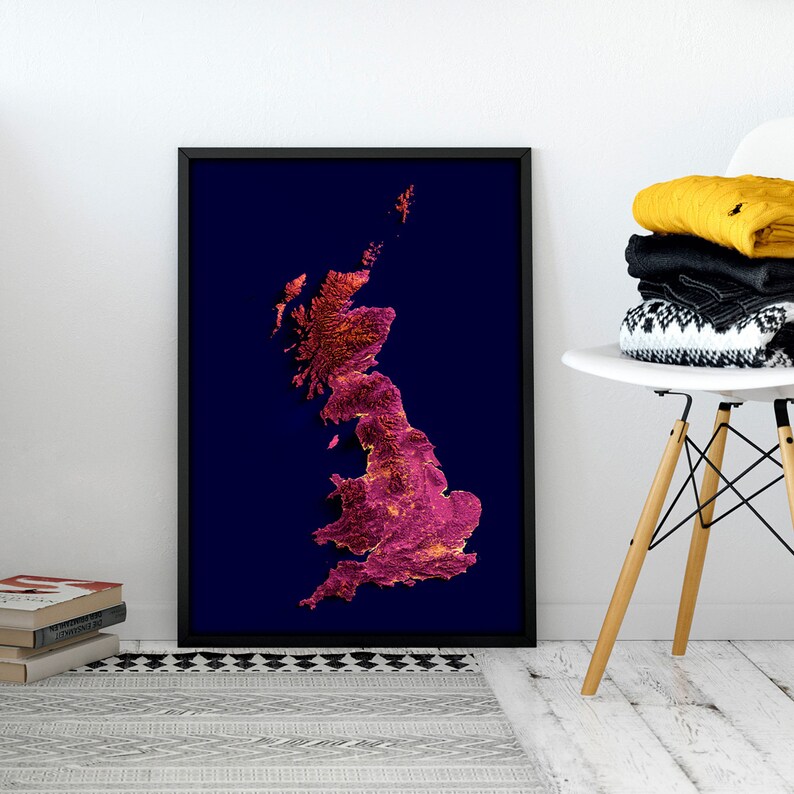 Great Britain (UK), Elevation tint - Magma, 2D printed shaded relief map with 3D effect of Great Britain with magma hypsometric tint. Shop our beautiful fine art printed maps on supreme Cotton paper.