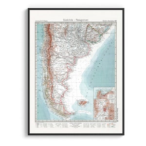 Patagonia, mapa topográfico 1925 - Póster reimpreso vintage, arte de decoración de pared, regalo de geografía de viaje