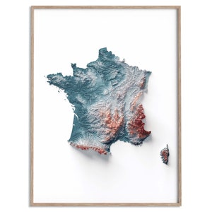 France Elevation Map (Irid) - 2D Poster Shaded Relief Map, Fine Art Wall Decor, Geography Travel Poster