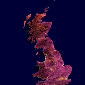 Great Britain (UK), Elevation tint - Magma, 2D printed shaded relief map with 3D effect of Great Britain with magma hypsometric tint. Shop our beautiful fine art printed maps on supreme Cotton paper.