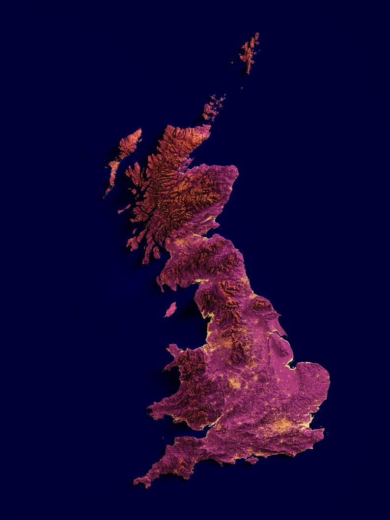 Great Britain (UK), Elevation tint - Magma, 2D printed shaded relief map with 3D effect of Great Britain with magma hypsometric tint. Shop our beautiful fine art printed maps on supreme Cotton paper.