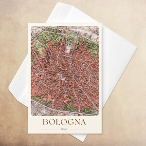 Biglietto d'auguri con mappa della città di Bologna - Planimetria vintage in rilievo ombreggiato, illustrazione di mappa per cancelleria, biglietto regalo per anniversario - 15x10 cm