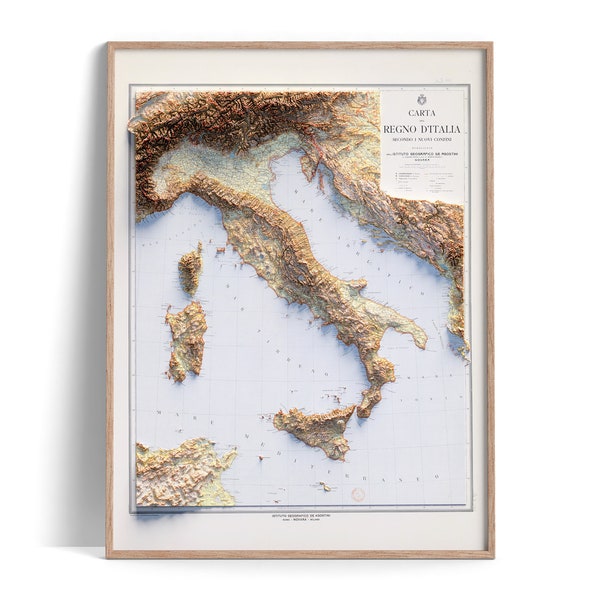 Italië topografische kaart van 1922 - 2D Poster gearceerde reliëfkaart, Fine Art Wall Decor, Vintage Gift Print, Geografie Travel Art