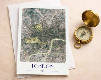 London Map Greeting Card, Vintage City Map Notecard, 6''x4'' Blank Card with Envelope