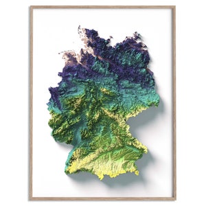 Carte des reliefs de l'Allemagne (Viridis) - carte en relief ombré, affiche 2D, décoration murale beaux-arts, affiche de voyage géographie