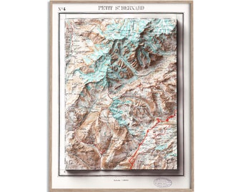 Little St Bernard (Italy) Topographic Map of 1899 - 2D Poster Shaded Relief Map, Fine Art Wall Decor, Vintage Gift Print, Geography Travel