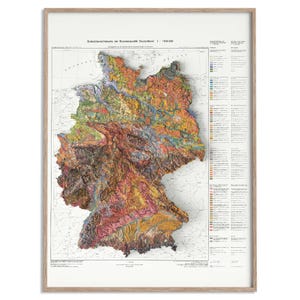 Bodemkaart Duitsland van 1995 - 2D-poster gearceerde reliëfkaart, Fine Art Wall Decor, vintage cadeau print, geografie reizen kunst