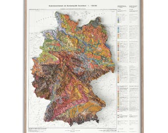 May include: A vintage map of Germany depicting the soil types across the country. The map is in colour and shows the different types of soil found in Germany. The map is titled "Bodenzonenkarte der Bundesrepublik Deutschland 1:1000 000".