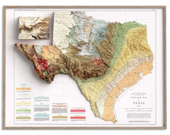 Może przedstawiać: Antyczna mapa geologiczna Teksasu, przedstawiająca formacje geologiczne stanu w różnych kolorach. Mapa nosi tytuł "Geologic Map of Texas 1923" i zawiera legendę z opisami różnych formacji.