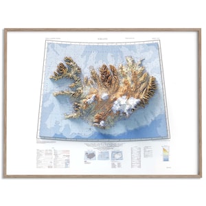 Carte topographique de l'Islande de 1952 - carte en relief ombragé affiche 2D, décoration murale fine art, impression cadeau vintage, art de voyage géographie