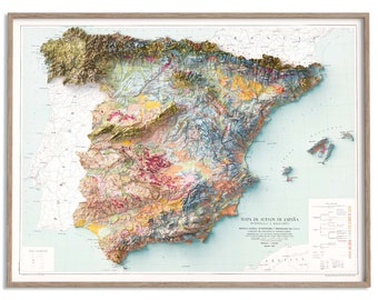 Spanish Peninsula and Baleares (Spain) Soil Map of 1966 - 2D Poster Shaded Relief Map, Fine Art Wall Decor, Vintage Gift Print, Geography