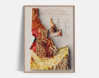 Idaho (USA) Geological Map of 1947 - 2D Poster Shaded Relief Map, Fine Art Wall Decor, Vintage Gift Print, Geography Travel Art