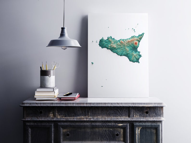 Sicily, Italy Elevation Map Spectral 2D Poster Shaded Relief Map, Fine Art Wall Decor, Modern Gift Print, Geography Travel Art image 3